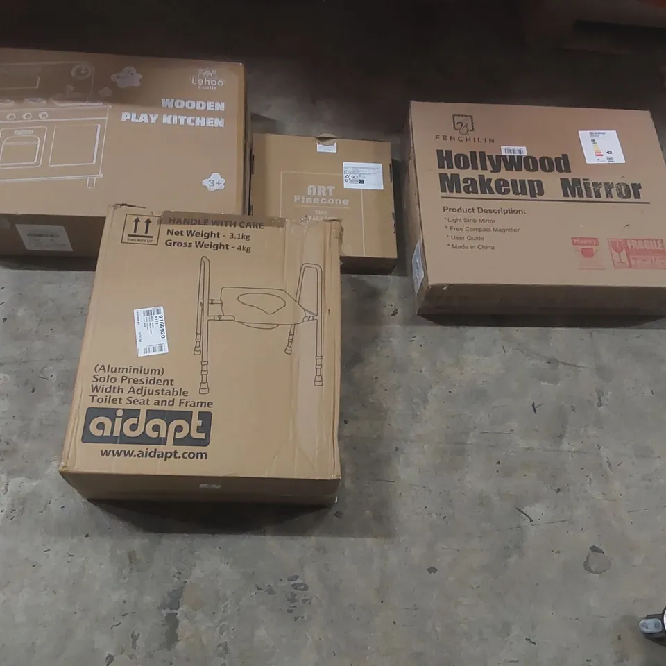 PALLET OF ASSORTED HOUSEHOLD GOODS AND PRODUCTS TO INCLUDE: WOODEN PLAY KITCHEN, HOLLYWOOD MAKEUP MIRROR, TOILET SEAT FRAME, ART PINECONE ECT