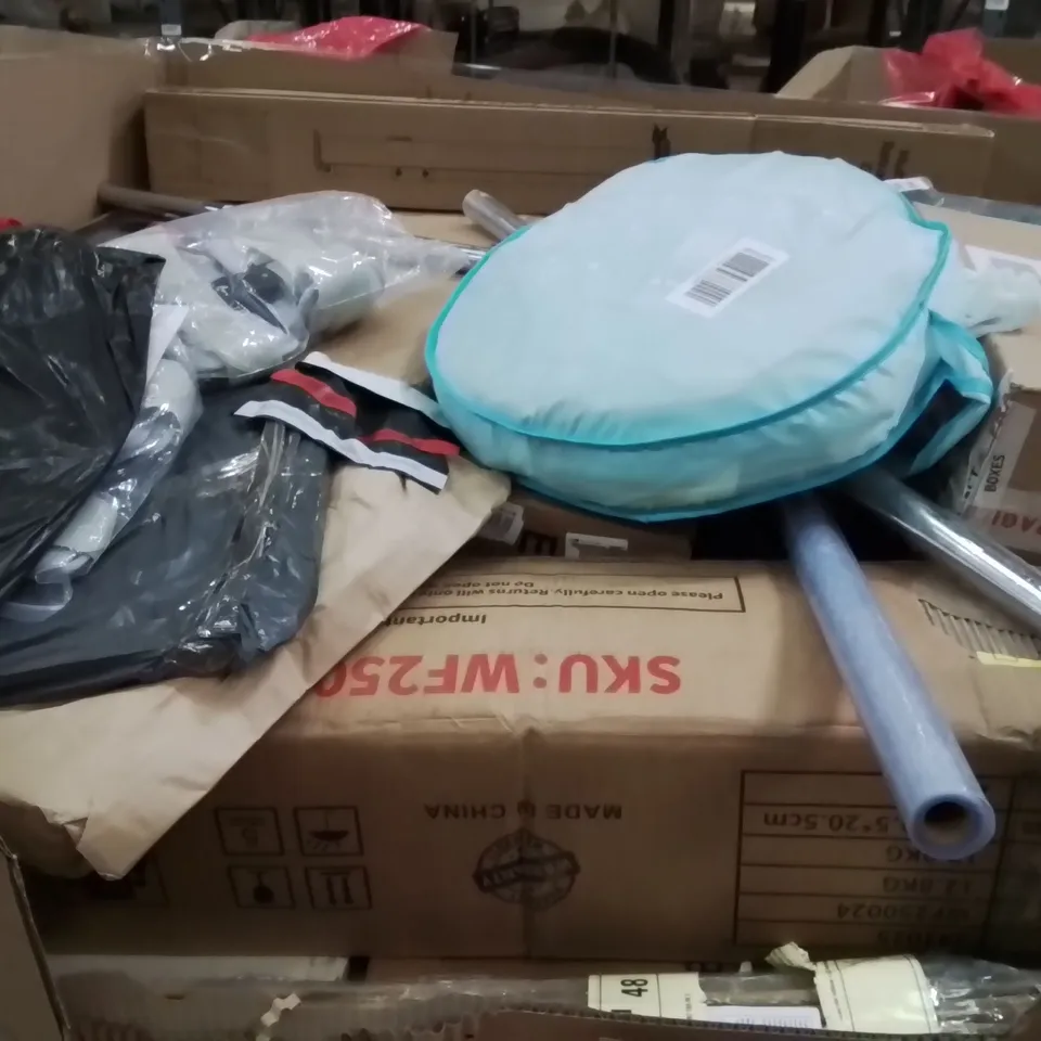 PALLET OF ASSORTED HOUSEHOLD GOODS AND PRODUCTS TO INCLUDE;RETRACTABLE SAFETY GATE,HEDGE TRIMMER,POPUP TENT