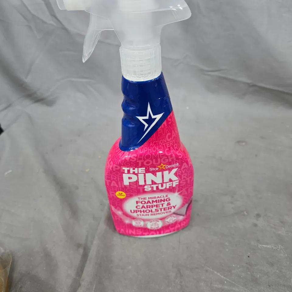 TOTE OF APPROXIMATELY 15 LIQUID ITEMS TO INCLUDE: PINK STUFF AND FLOOR CLEANER