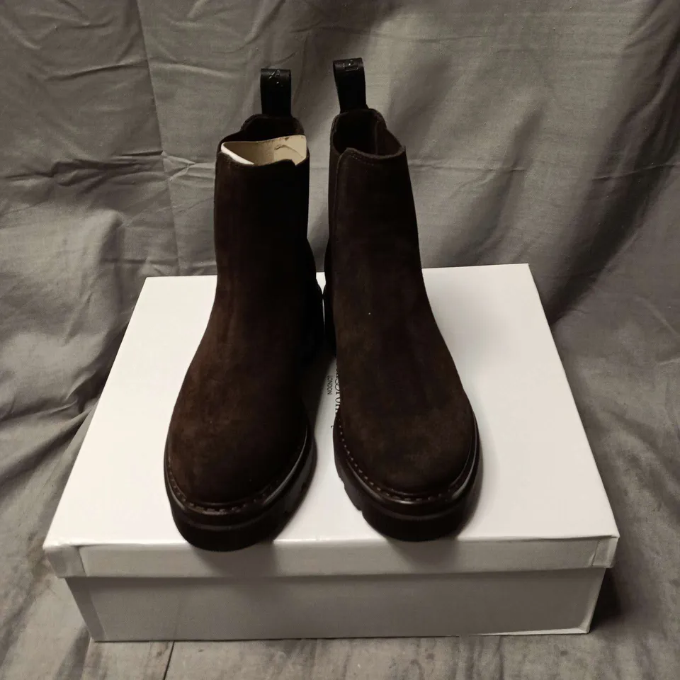 BOXED PAIR OF RUSSELL & BROMLEY MYSTIC SUEDE BOOTS IN BROWN - SIZE 36