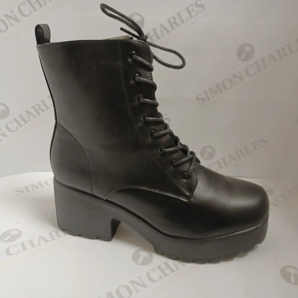 KOI VEGAN BLACK HEELED LACE UP BOOTS - SIZE 8