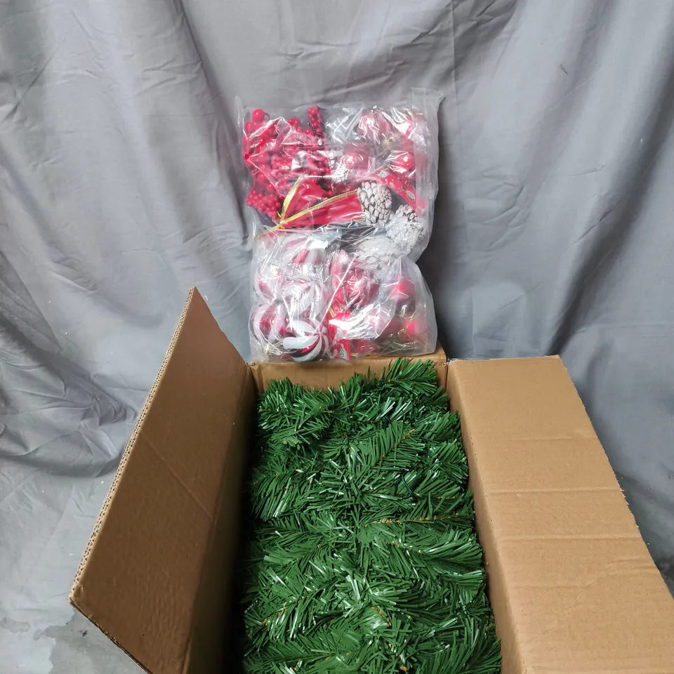 FESTIVE CHRISTMAS GARLAND DECORATION WITH LIGHTS AND CONTROL BOX, WITH ADDITIONAL BAUBLES AND DECORATIONS (BERRIES, PINE CONES)