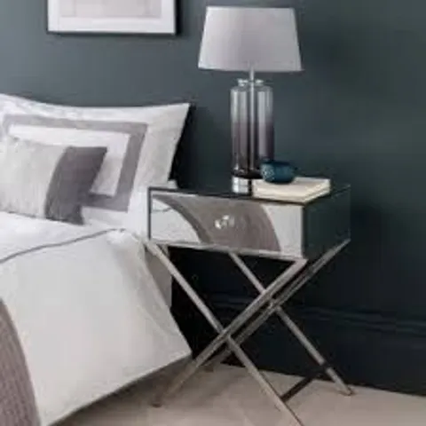 BRAND NEW HOMESDIRECT365 MIRRORED BEDSIDE TABLE WITH METAL CROSS LEGS
