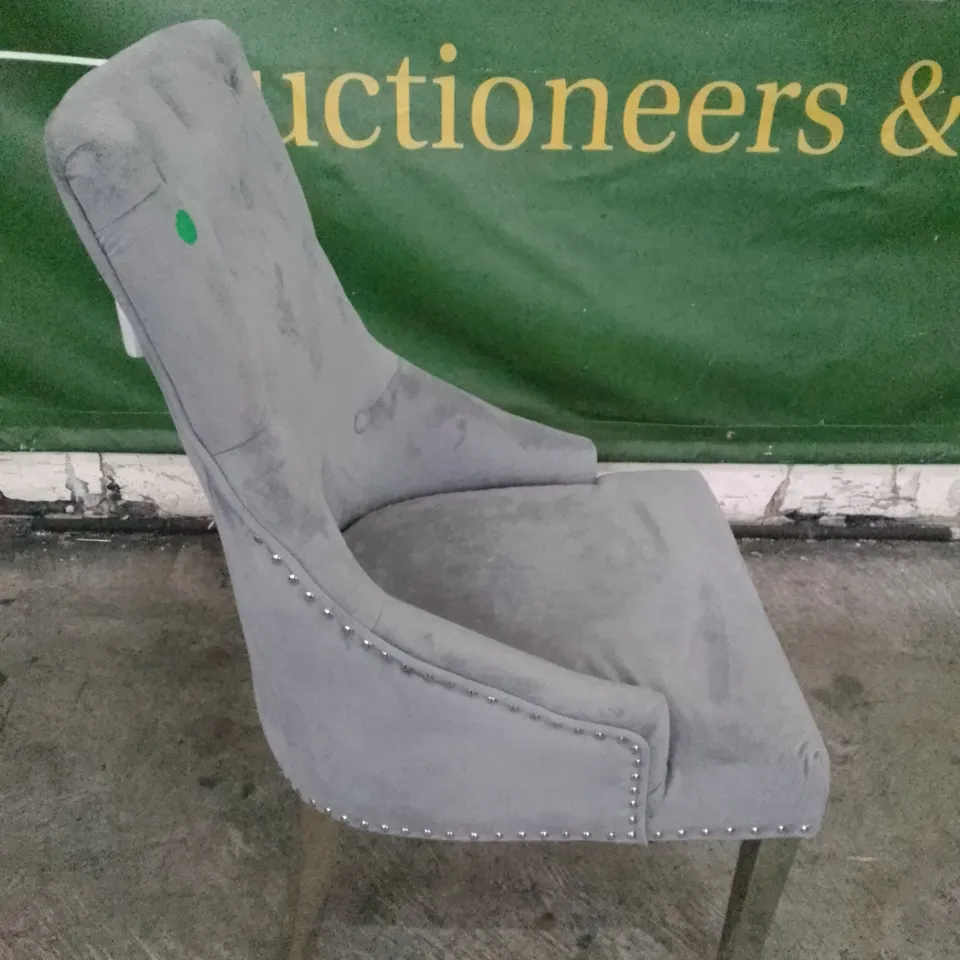 IMPERIAL GREY VELVET BUTTON BACK DINING CHAIR WITH CHROME LEGS
