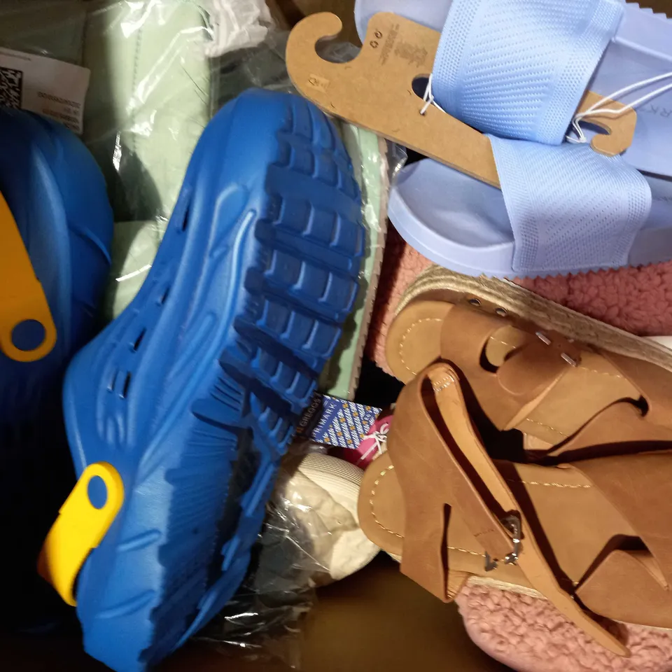 BOX OF APPROXIMATELY 15 ASSORTED PAIRS OF SHOS AND FOOTWEAR ITEMS IN VARIOUS STYLES AND SIZES TO INCLUDE HAVAIANAS, VANS, FLAWLESS, ETC