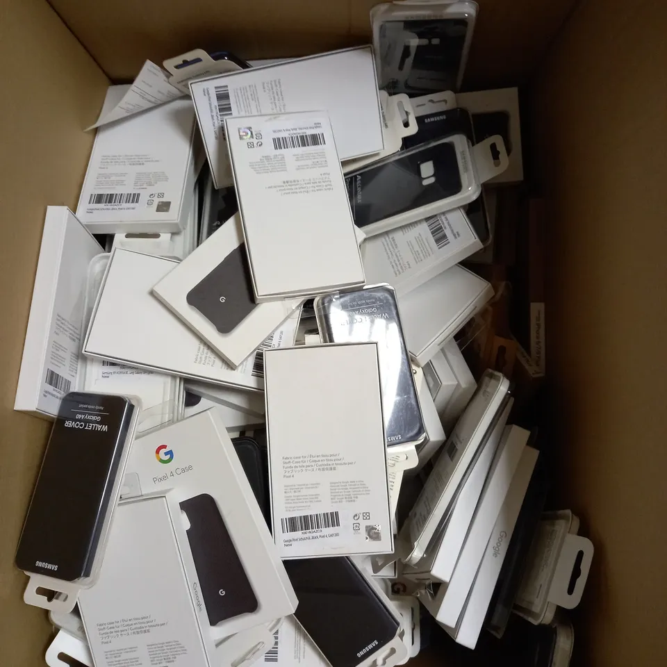 LARGE BOX OF APPROX 100 ASSORTED PHONE CASES TO INCLUDE LIFEPROOF DROPPROOF FOR IPHONE 11 PRO MAX, GOOGLE PIXEL 4 AND SAMSUNG GALAXY S20+ SMART CLEAR VIEW COVER ETC