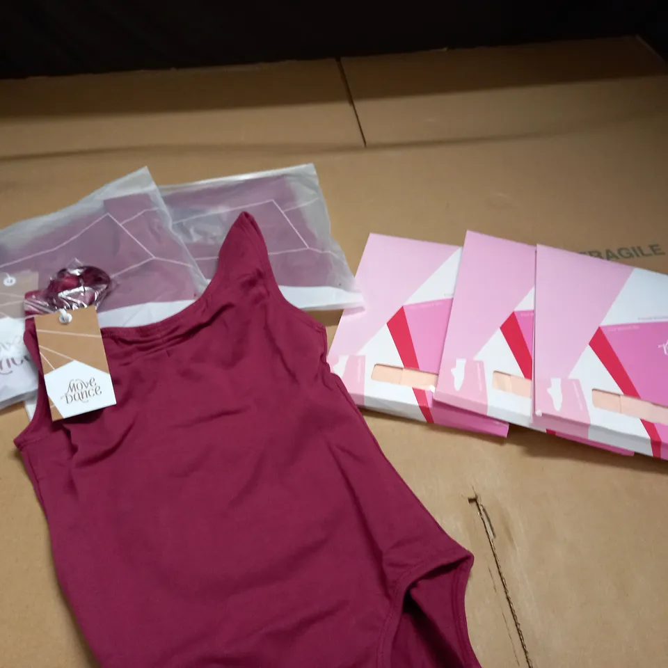 BOX OF MOVE DANCE WEAR TO INCLUDE 3 SETS OF FOOTED MICROFIBRE TIGHTS AND 3 BURGUNDY LEOTARDS - 8-10 YEARS