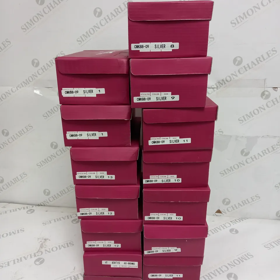 APPROXIMATELY 13 BOXED PAIR OF KELSI KIDS BUTTERFLY EMBROIDERED LOAFERS IN SILVER TO INCLUDE SIZES 1, 2, 8, 9, 10, 11, 12, 13