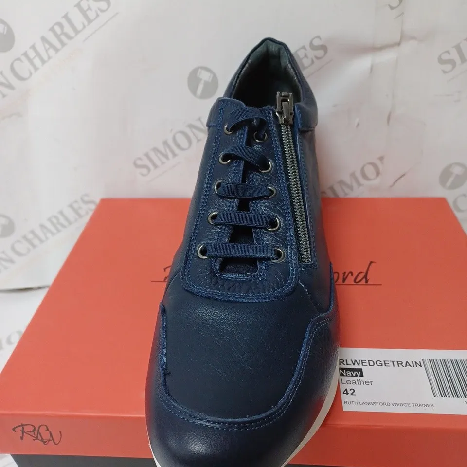 BOXED RUTH LANGSFORD WEDGE TRAINERS, NAVY - SIZE 9 