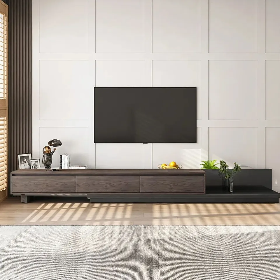 BOXED EXTENDABLE TV CABINET WITH 3 DRAWERS, ADJUSTABLE WIDTH 200-330CM