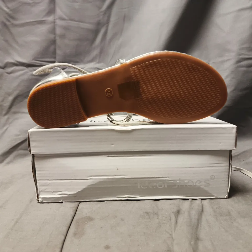 BOXED PAIR OF IDEAL SHOES T-POST STRAPPY SANDALS IN METALLIC SILVER SIZE EU 38