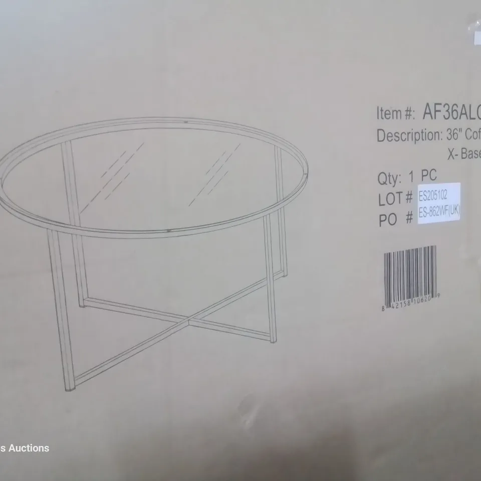 BOXED 36" CIRCULAR COFFEE TABLE WITH X BASE GLASS/GOLD