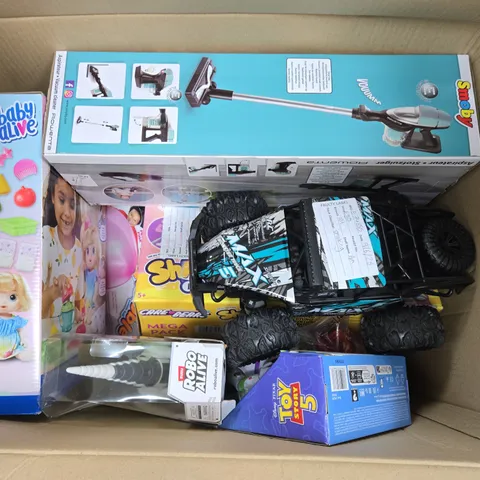 APPROXIMATELY 10 ASSORTED TOYS & GAMES PRODUCTS TO INCLUDE SMOBY TOY VAC CLEANER, TOY STORY 5 BUZZ LIGHTYEAR TOY, ROBO ALIVE ROBO DINO, ETC
