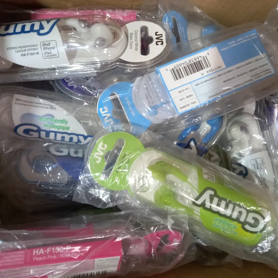 BOX OF APPROXIMATELY 20 ASSORTED JVC GUMY STEREO HEADPHONES IN VARIOUS COLOURS