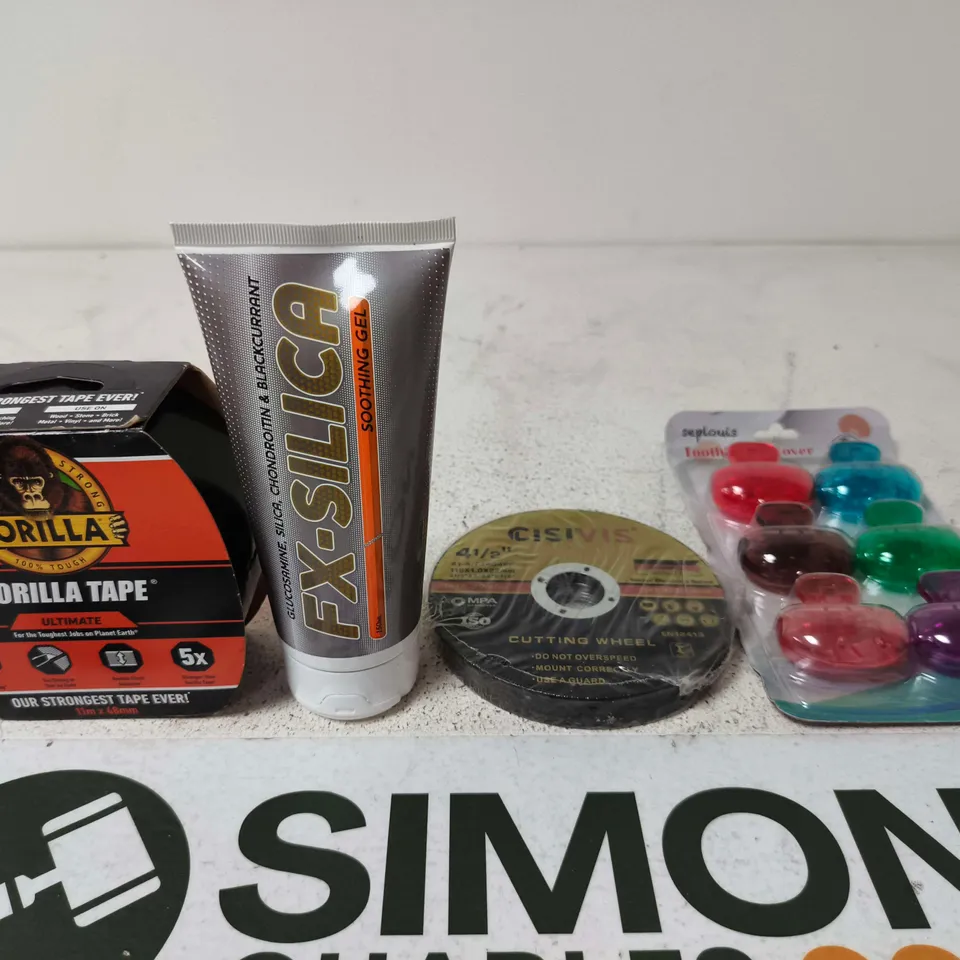 BOX OF APPROXIMATELY 15 ASSORTED HOUSEHOLD ITEMS TO INCLUDE GORILLA TAPE, FX-SILICA AND CUTTING WHEELS