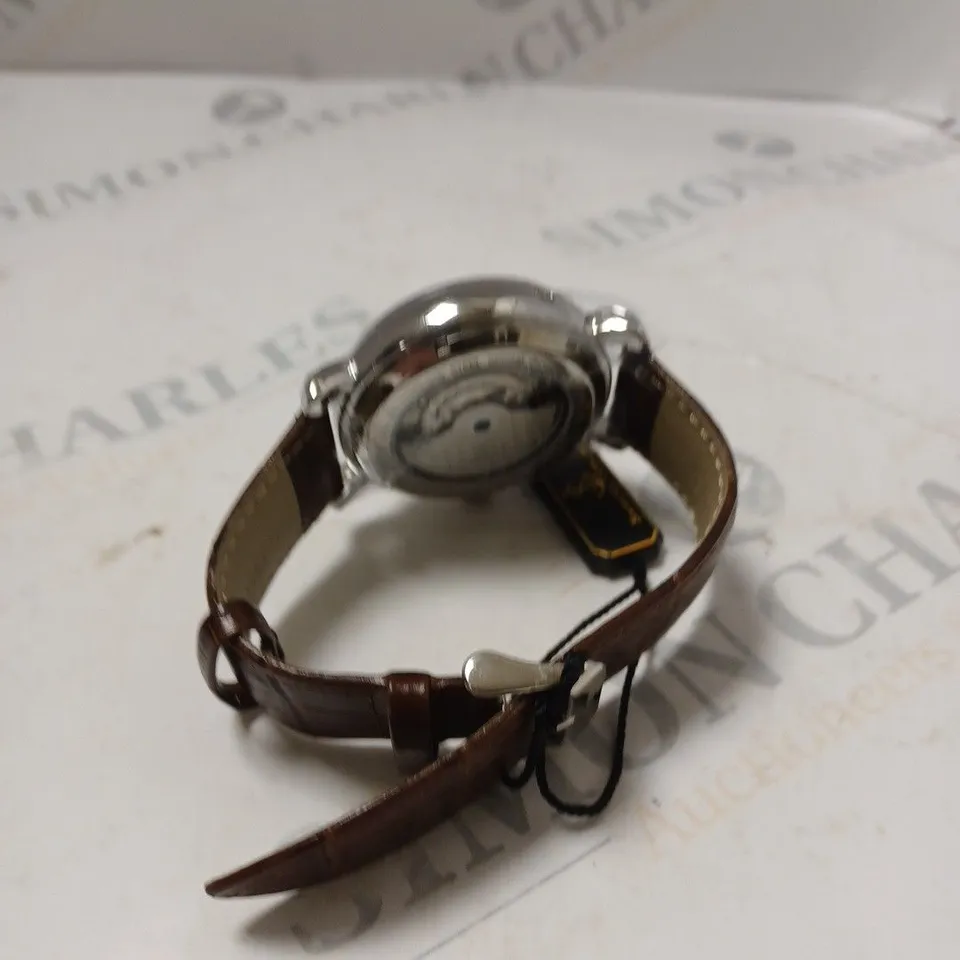 BOXED SAMUEL JOSEPH AUTOMATIC STEEL BROWN WATCH WITH LEATHER STRAP