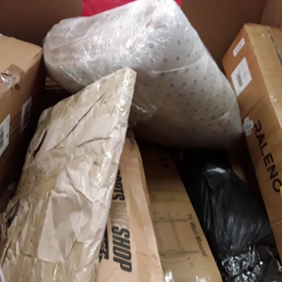 PALLET TO CONTAIN AN ASSORTMENT OF HOUSEHOLD ITEMS TO INCLUDE MATTRESS, CUSHIONS, WALL CLOCKS AND T.V. WALL MOUNT ECT