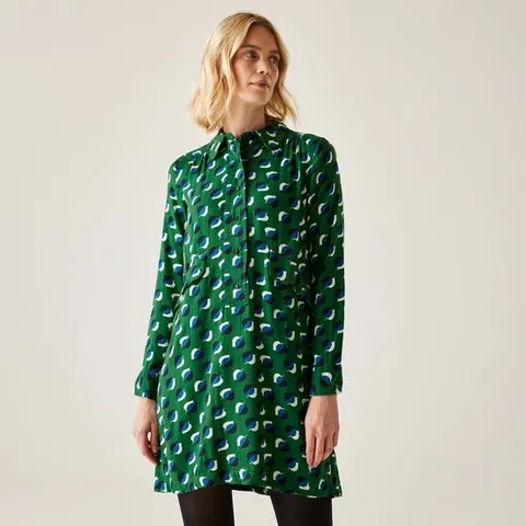 BRAND NEW REGATTA WOMENS ORLA KIELY PRINTED BUTTON DOWN MIDI DRESS IN SHADOW ELM EMERALD SIZE UK 14