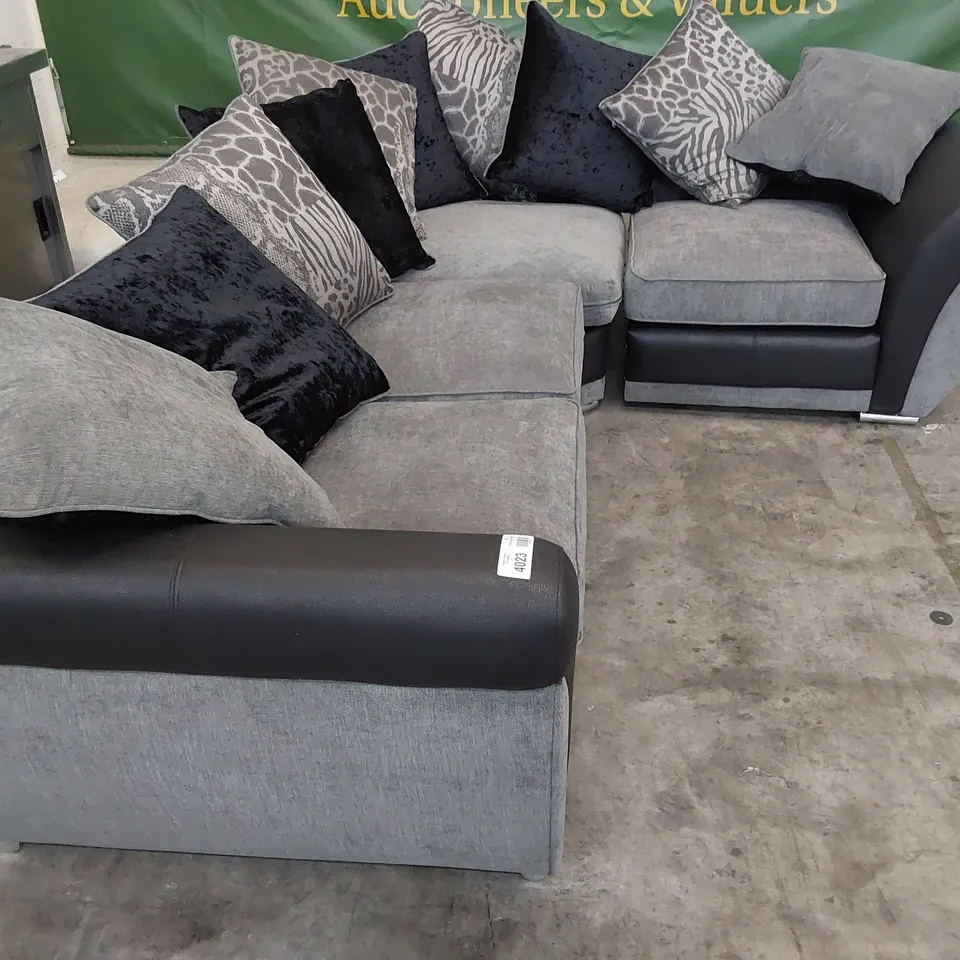 DESIGNER CORNER GROUP WITH SCATTER CUSHIONS BLACK FAUX LEATHER & GREY FABRIC