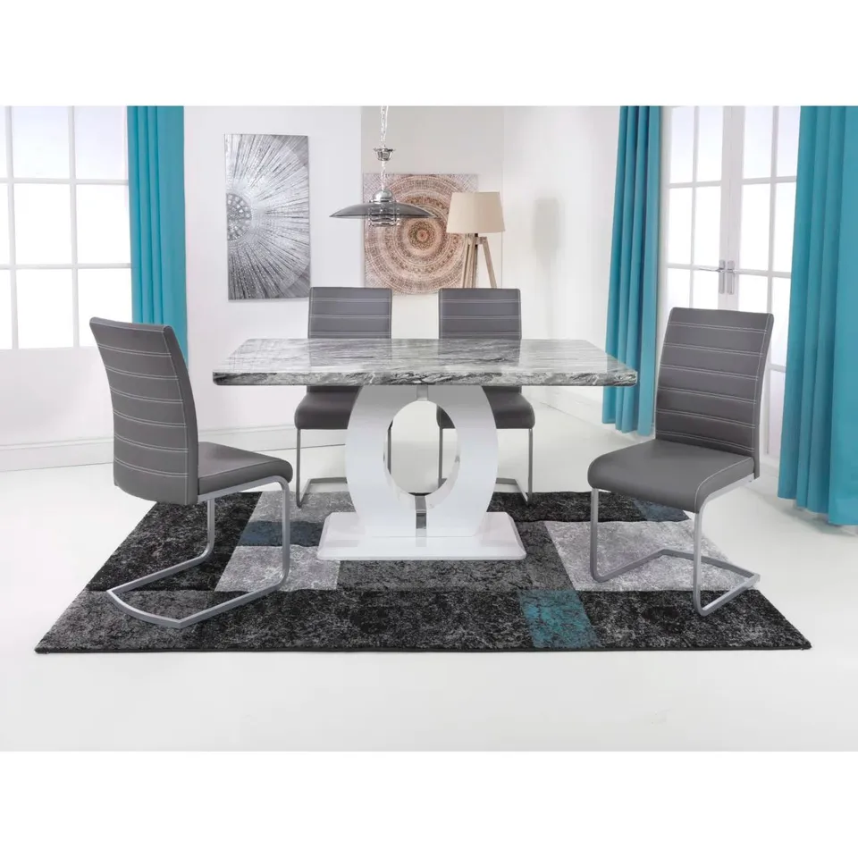 BOXED AUNESTY 4 PERSON DINING SET - MARBLE EFFECT TABLE, 4x GREY FAUX LEATHER CHAIRS (5 BOXES)