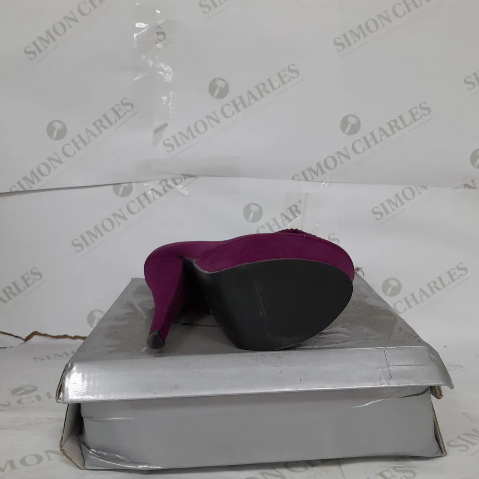 CASSANDRA PLATFORM STILLETO HEEL IN  PURPLE SUEDE WITH PHINESTONE BOW DETAIL SIZE 3