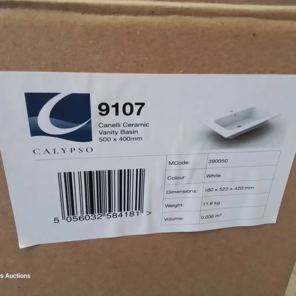 BOXED CANELLI CERAMIC SINGLE TAP VANITY BASIN WHITE 500 × 400mm