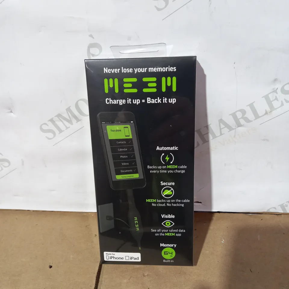 BOX OF APPROXIMATELY 20 ASSORTED MEEM MEMORY CABLES - THE CHARGER THAT AUTOMATICALLY BACKS UP YOUR PHONE OR TABLET ON TO THE CABLE