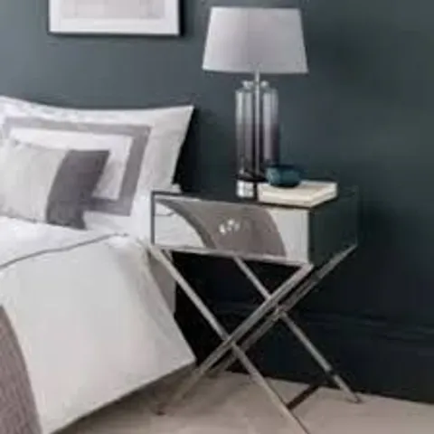 BRAND NEW HOMESDIRECT365 MIRRORED BEDSIDE TABLE WITH METAL CROSS LEGS