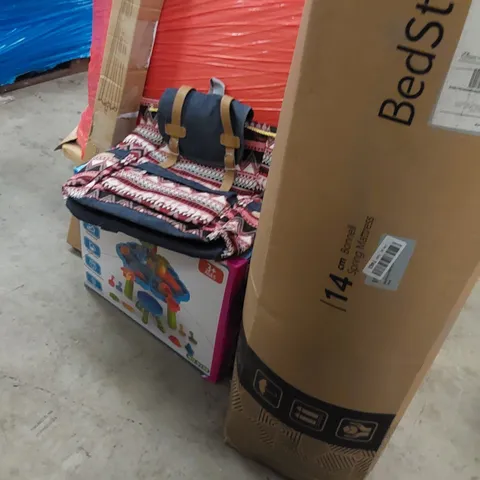 PALLET OF ASSORTED ITEMS INCLUDING, 14CM BONNELL SPRING MATTRESS, BACKPACKS,PARASOL, BEACH TOY TABLE