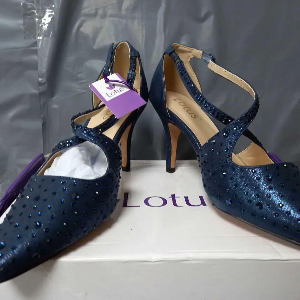 BOXED PAIR OF LOTUS POINTED TOE STRAP HEELS IN DIAMOND NAVY - UK 5