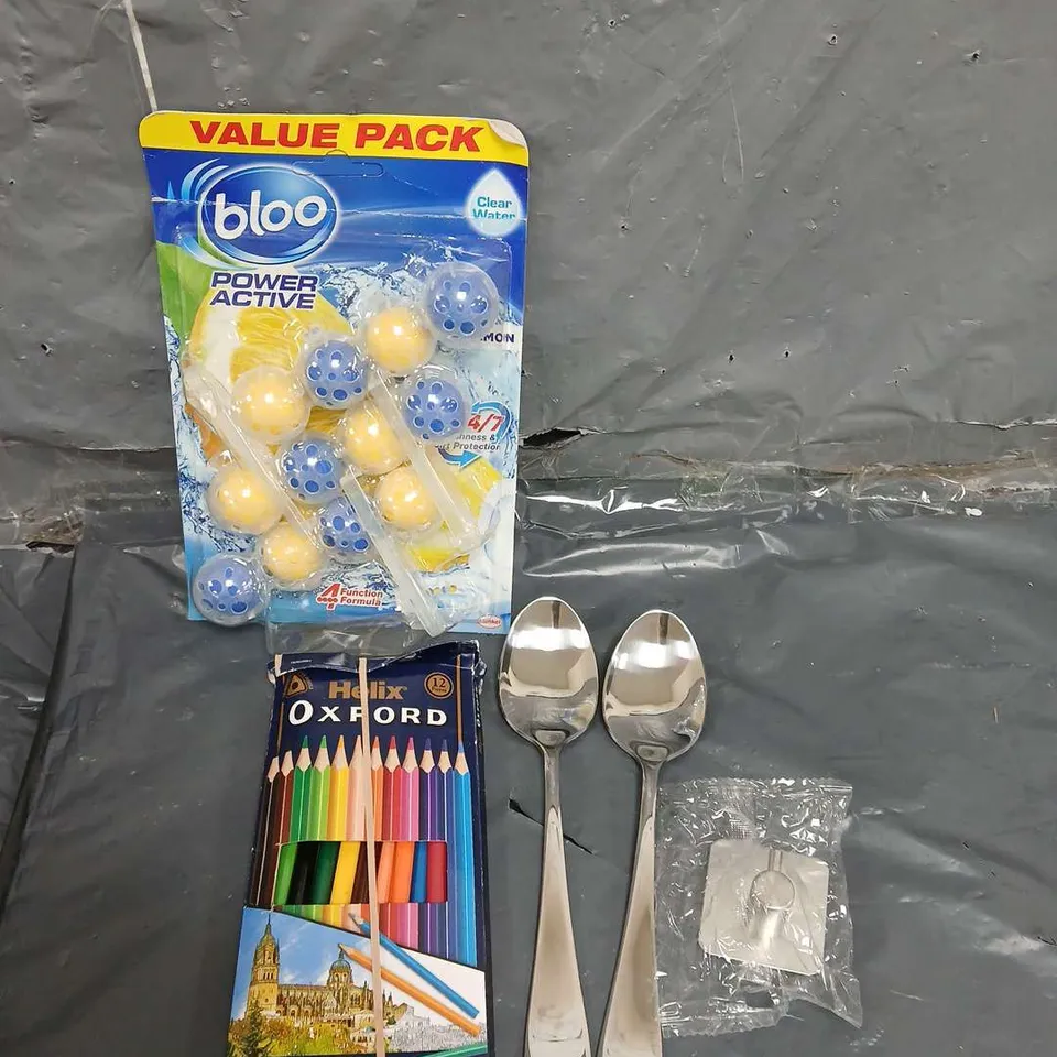 BOX OF APPROXIMATELY 20 HOUSEHOLD ITEMS TO INCLUDE - BLOO TOILET BLOCKS - OXFORD COLOURED PENCILS - COAT HOOKS