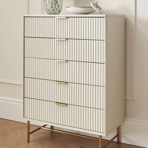 BOXED CORA 5 DRAWER CHEST - IVORY/BRASS (1 BOX)