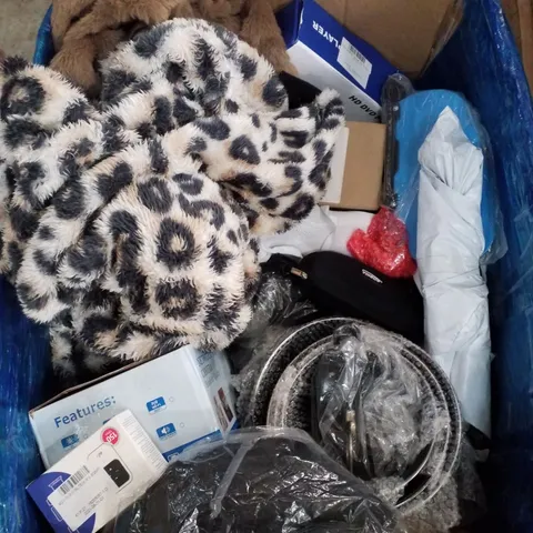 BOX CONTAINING ASSORTED PRODUCTS INCLUDING MOBILE WIFI, HD DVD PLAYER, ASSORTED CLOTHING, SET OF POTS