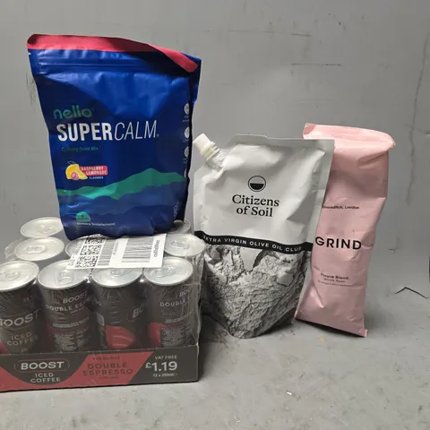APPROXIMATELY 8 ASSORTED FOOD & DRINK ITEMS TO INCLUDE - GRIND HOUSE BLEND , VIRGIN OLIVE OIL , BOOST ICED COFFEE ETC