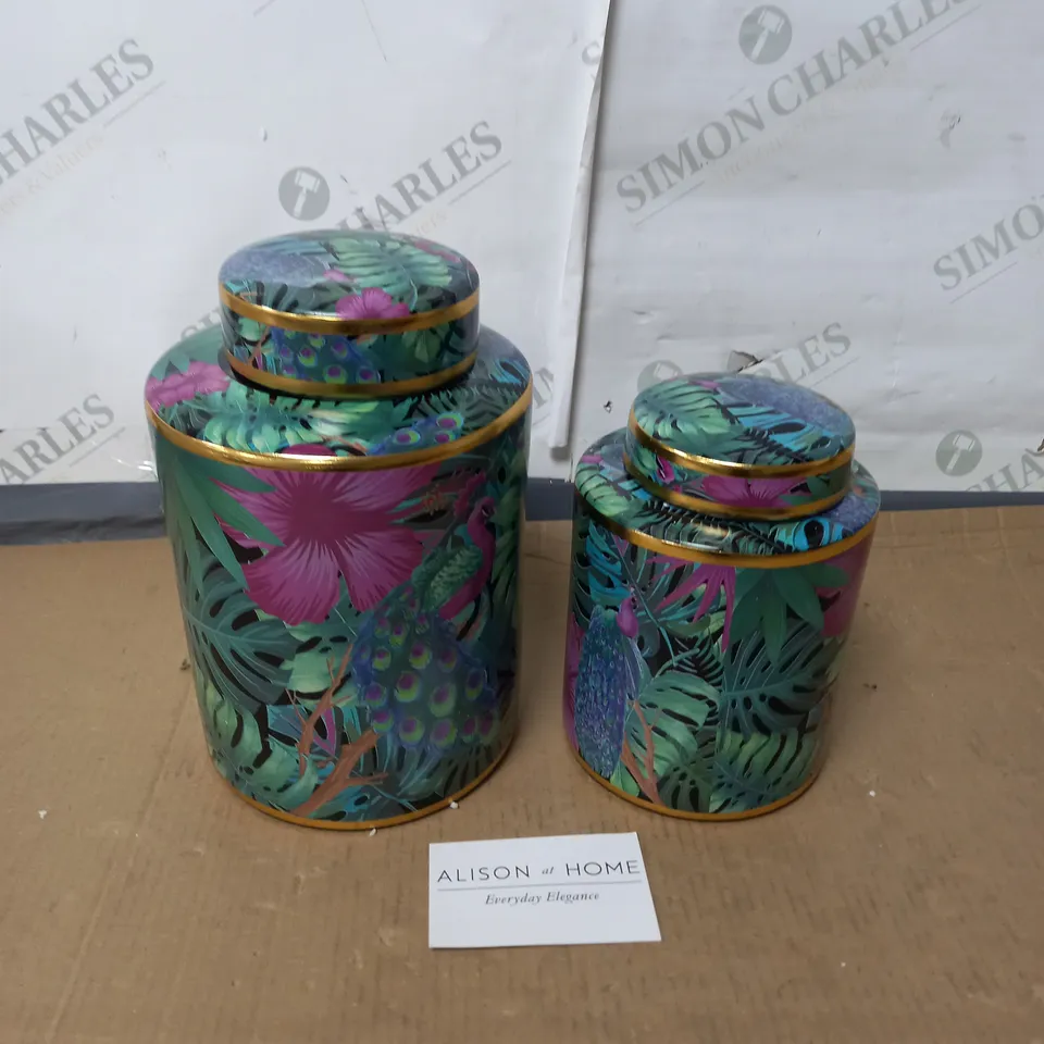 ALISON CORK SET OF 2 BOTANICAL PRINTED CERAMIC GINGER JARS