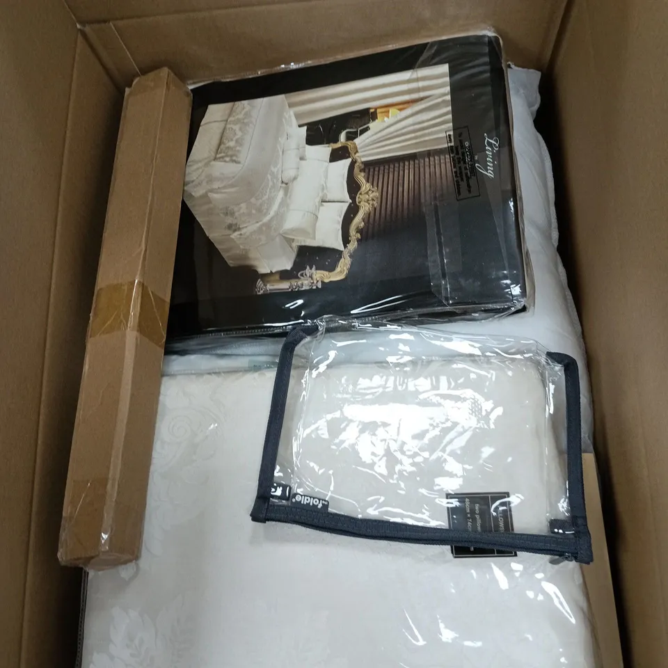 BOX OF APPROXIMATELY 25 ASSORTED ITEMS INCLUDING AN EGYPTIAN COTTON FITTED SHEET, UNIVERSAL UNIPHA GLASS SCREEN PRO PREMIUM TEMPERED AND THE FOLDIE LIQUIDS POUCH