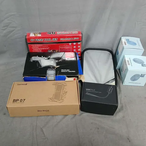 APPROXIMATELY 8 ASSORTED VEHICLE PARTS & ACCESORIES TO INCLUDE 46 PC TOOL SET, BLUE PRINT OIL FILTER, WING MIRROR, ETC