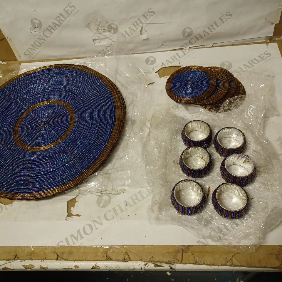 PENGUIN HOME SET OF 18 GLASS BEADED PLACEMATS, COASTERS AND NAPKIN RINGS, BLUE AND ANTIQUE GOLD
