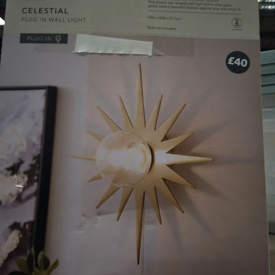BOXED DUNELM CELESTIAL PLUG-IN WALL LIGHT – BRUSHED GOLD METAL & GLASS,