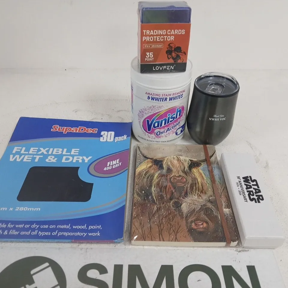 APPROXIMATELY 15 ASSORTED HOUSEHOLD PRODUCTS TO INCLUDE- VANISH OXI ACTION, SUPADEC WET & DRY SHEETS, TRADING CARD PROTECTORS, STAR WARS PEN