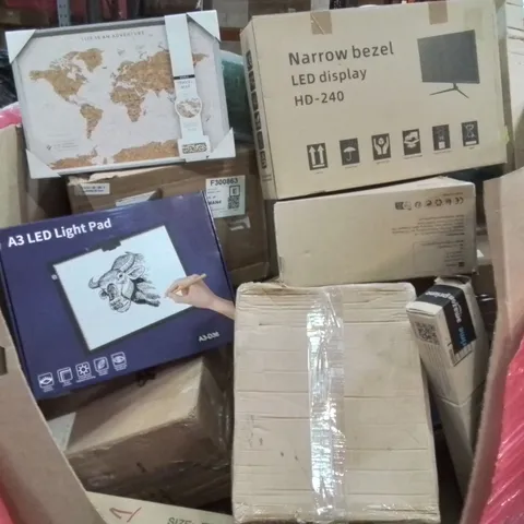 PALLET CONTAINING VARIOUS ASSORTED BOXED HOUSEHOLD ITEMS TO INCLUDE: PC MONITOR, WORLD TRAVEL MAP PIN BOARD, LED LIGHT PAD AND LOTS MORE UNMARKED BOXED ITEMS 