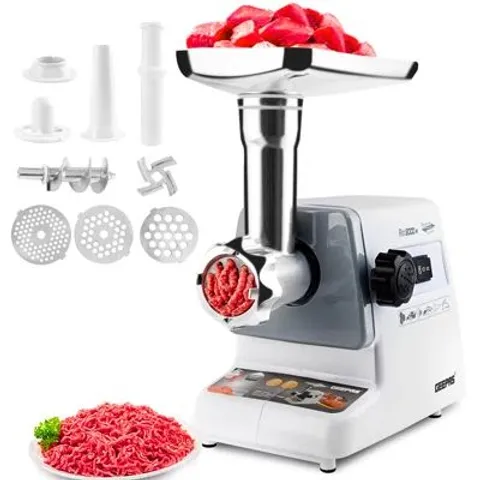 BOXED GEEPAS 1400W ELECTRIC MEAT GRINDER, 3 DIFFERENT CUTTING PLATES, REVERSE FUNCTION 