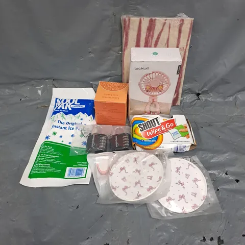 APPROXIMATELY 15 HOUSEHOLD ITEMS TO INCLUDE LOCKS, FAN, SHOUT STAIN REMOVER WIPES, ETC