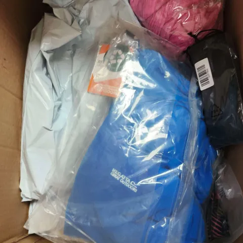 LARGE BOX OF APPROX 10 ASSORTED CLOTHING ITEMS IN VARIOUS STYLES , COLORS AND SIZES 