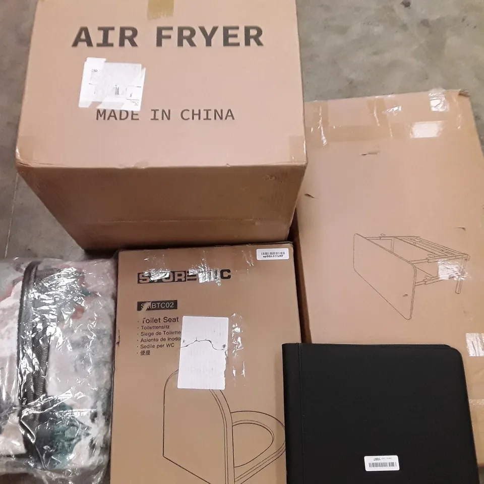 LARGE QUANTITY OF ASSORTED HOUSEHOLD ITEMS TO INCLUDE AIR FRYER, TABLE AND RETRACTABLE GATE
