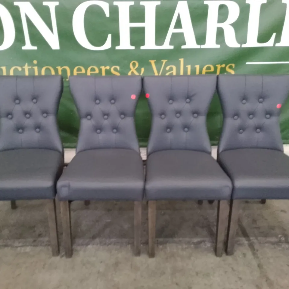 SET OF 4 NEW BEWLEY LIGHT GREY LEATHER BUTTON BACK DINING CHAIRS (GREY LEG)