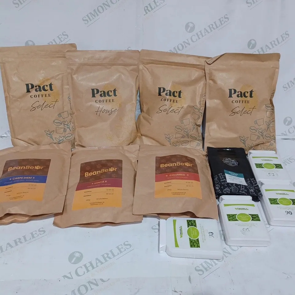 BOX TO CONTAIN APPROX. 12 X ASSORTED COFFEE PRODUCTS. INCLUDES PACKS OF COFFEE & COFFEE BEAN EXTRACT FOOD SUPPLEMENTS 