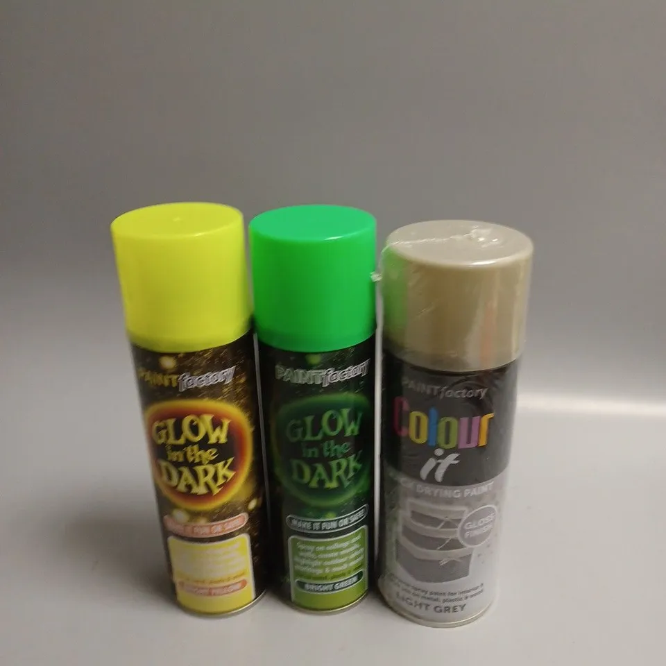 LARGE BOX OF ASSORTED GLOW AND THE DARK AND CAR SPRAY PAINT 