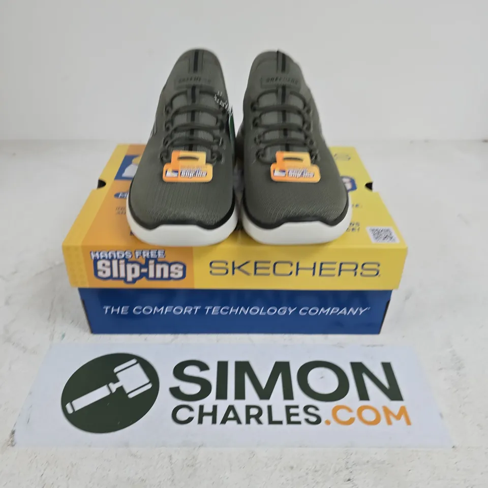 BOXED PAIR OF SKECHERS SUMMITS HIGH RANGE TRAINERS IN OLIVE -- 9.5