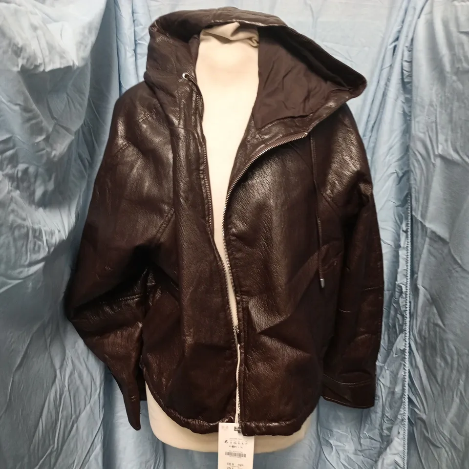 ZARA LEATHER JACKET, DARK BROWN, SIZE S